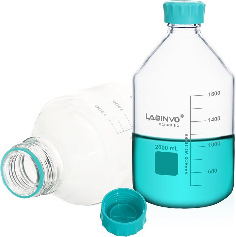 LINVO Glass Round Media Storage Bottles, 2pcs of Vol.2000ml, 3.3 Borosilicate Glass Material, With GL45 Polypropylene Screw Cap in Aqua Blue Color, Type B Cap,IN-RB2000B - Image 1